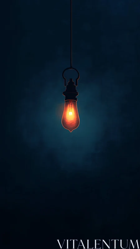 Single hanging bulb emits orange light in dark teal void
