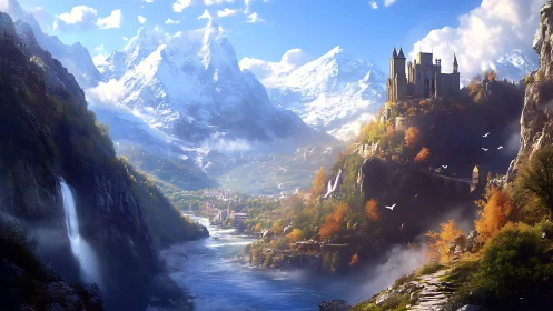 Mountain river valley with cliffside castle and waterfalls.