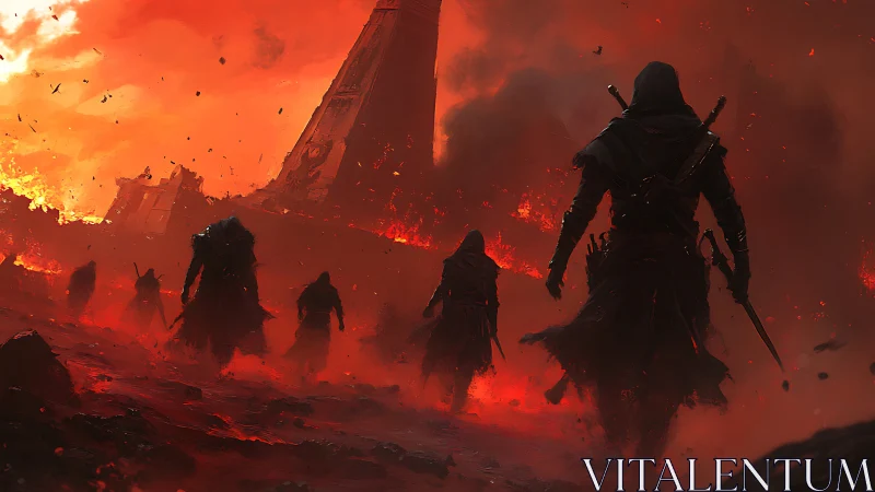 Hooded warriors crossing burning wasteland at dusk.