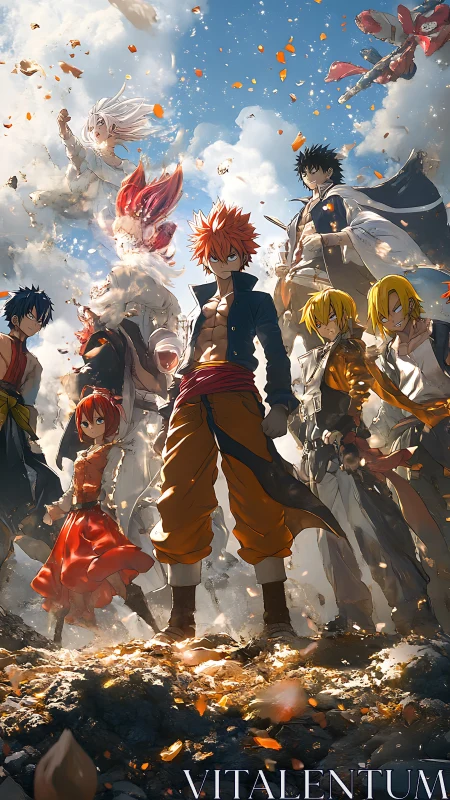 Heroic anime squad in dynamic cloudlit battle formation.