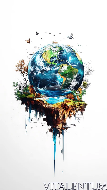 Digital painting of suspended Earth island with ecological contrast.