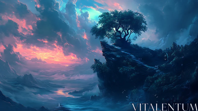 Solitary tree crowns rocky cliff overlooking surreal luminescent valley