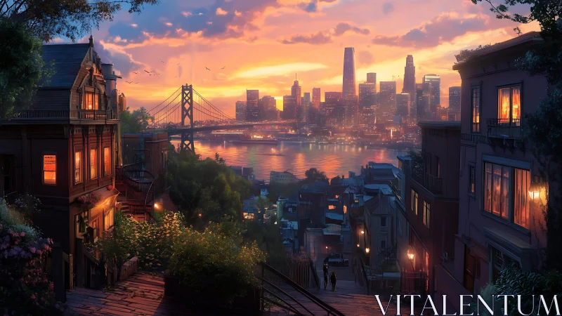 Hillside neighborhood stairway facing glowing city sunset.