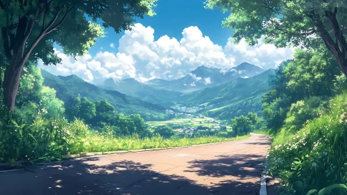 Mountain valley road under clear summer sky panorama.