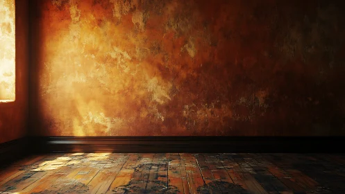 Sunlit textured wall warms an empty rustic interior space.