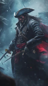 Battle-hardened pirate strides through stormy deck carnage