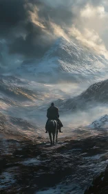 Solitary mounted figure in snow-covered mountain valley.