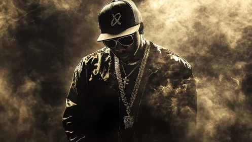 Moody hip hop portrait of man in smoke and golden light.