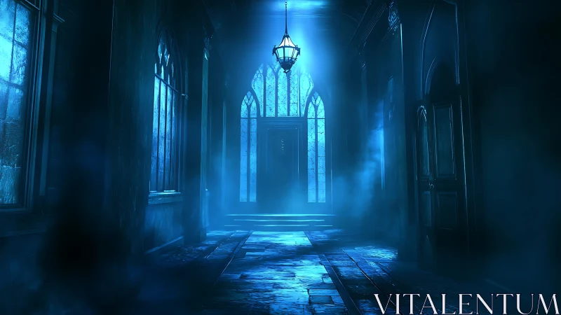 Volumetric blue lighting defines a gothic corridor with mist and decay