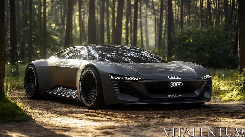 Forest-lit electric concept car lounges on a sun-dusted trail