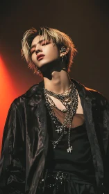 Stage-lit androgynous vocalist in layered chains and satin attire.