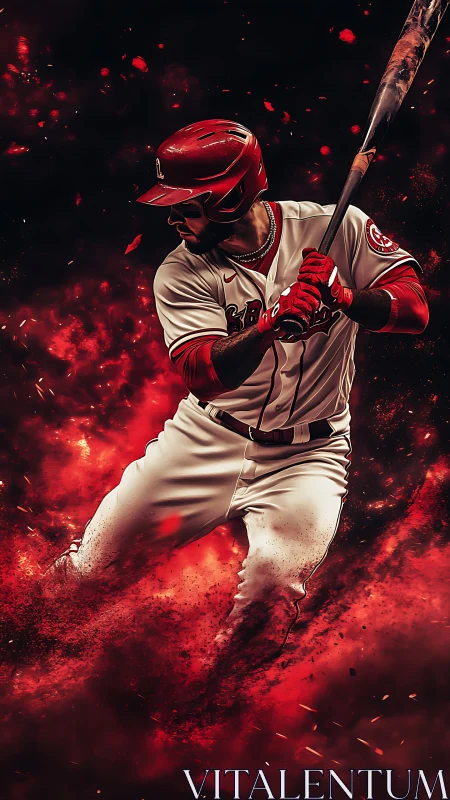 Baseball slugger explodes through fiery crimson energy field.