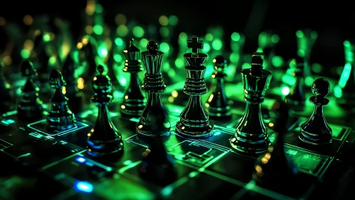 Chrome chess pieces stand on glowing circuit board grid