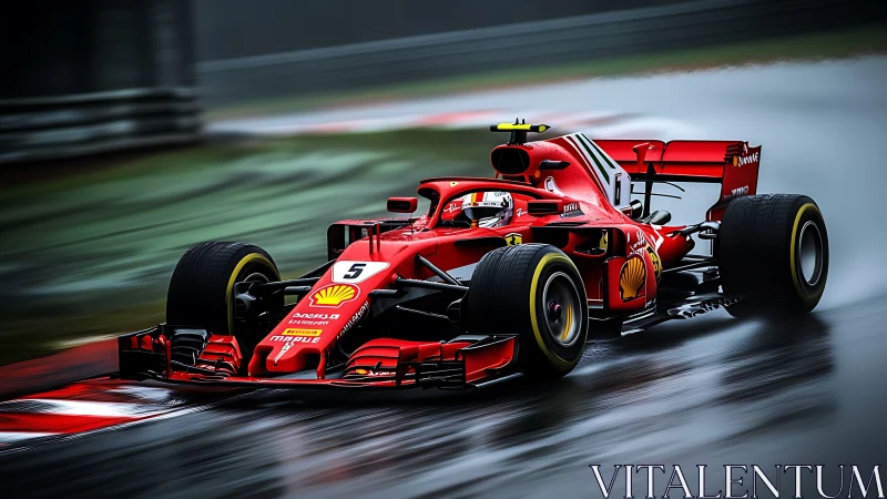 Red Formula race car powers through wet illuminated circuit.