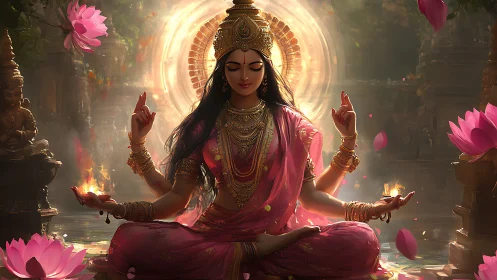 Lotus-lit goddess breathes calm fire into a golden dawn