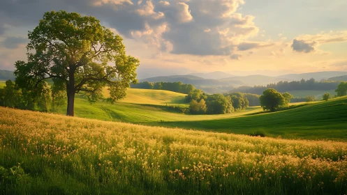 Sunlit tree stands over rolling green fields at golden hour