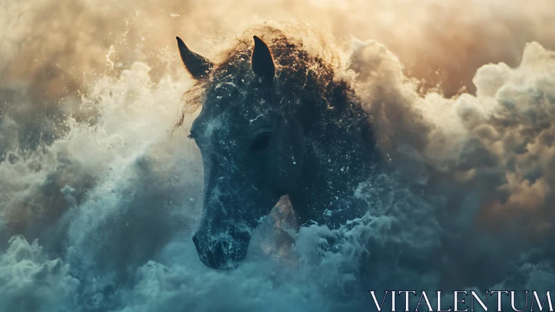 Storm-forged horse emerging through luminous sea clouds.
