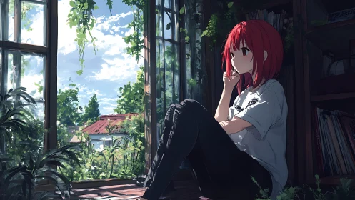 Quiet red-haired girl in sunlit window garden sanctuary.
