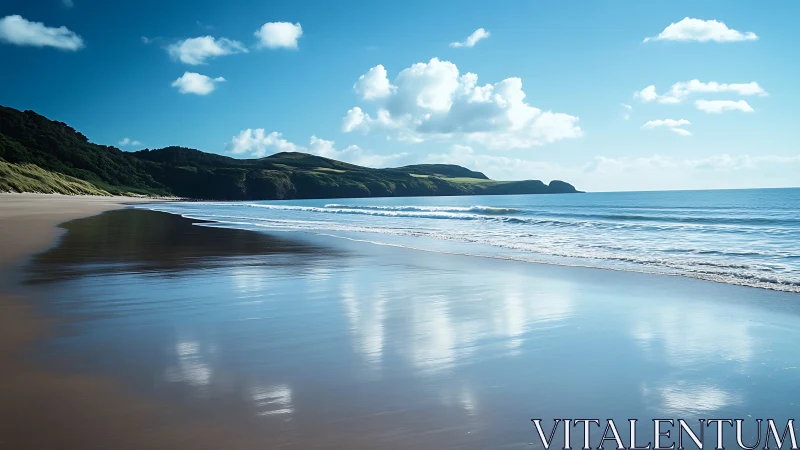 Coastal shoreline with reflective wet sand under blue sky.