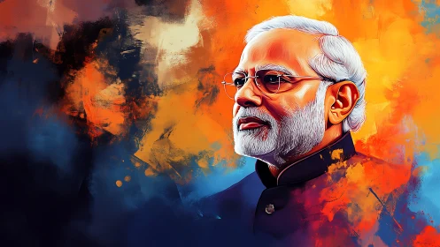 Digital portrait in vibrant orange and deep indigo field.