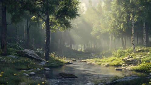Forest Stream with Deciduous Trees and Morning Light