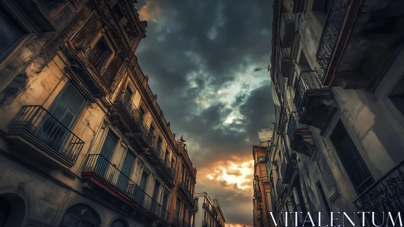 Old urban facades frame a narrow street under dense clouds