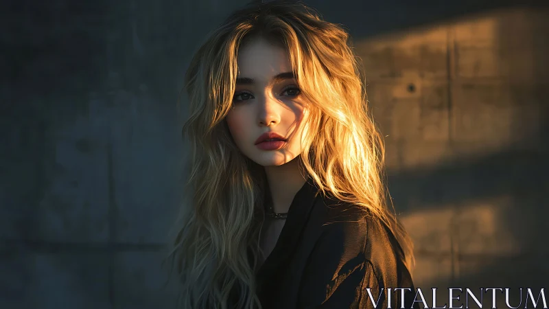 Young woman in golden hour light against dark wall.