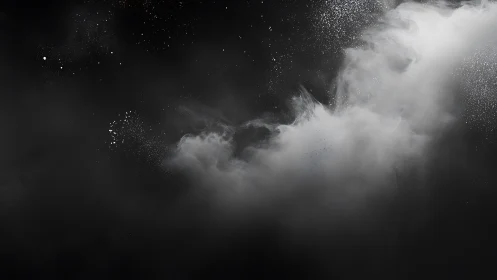 White smoke cloud and dust particles on dark black background.