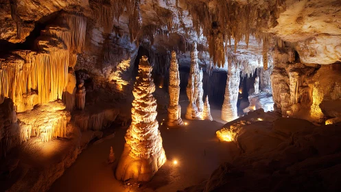 Limestone cave columns under warm and cool spotlights.