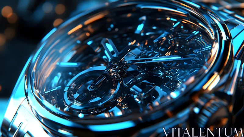 Futuristic Skeleton Watch Close-Up in Blue-Toned Lighting.
