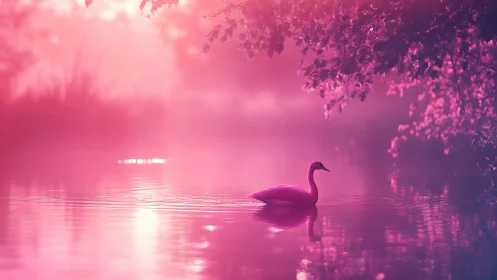Solitary swan moves across color-shifted reflective lake