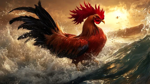 Rooster-like bird amid breaking ocean waves at sunset.