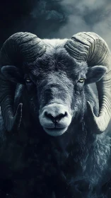 Majestic ram portrait rendered in dramatic photoreal contrast