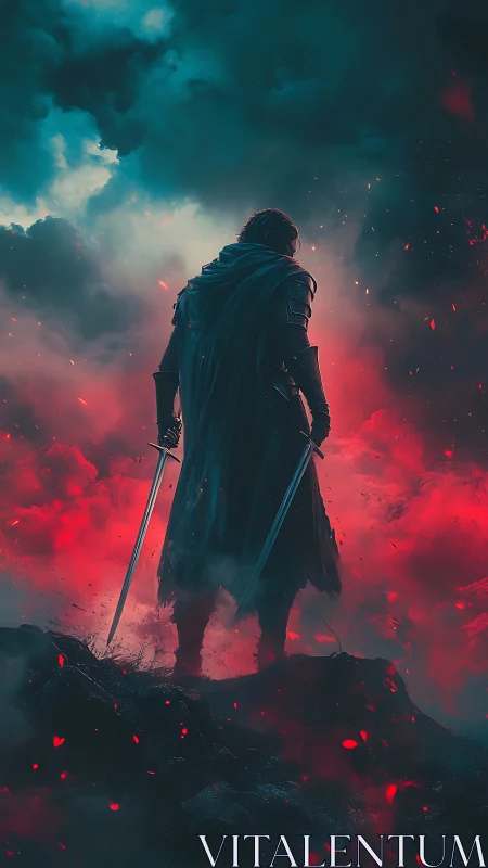 Cloaked swordsman standing amid dense red and blue smoke.