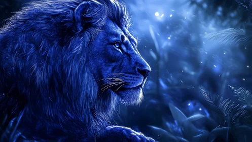 Bioluminescent blue lion profile in nocturnal jungle haze