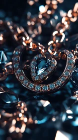 Closeup of jeweled heart pendant on gold chain in bokeh light.