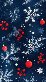Winter foliage pattern shows red ornaments over navy field