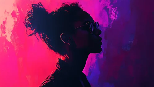 Silhouette portrait shows profile against neon gradient