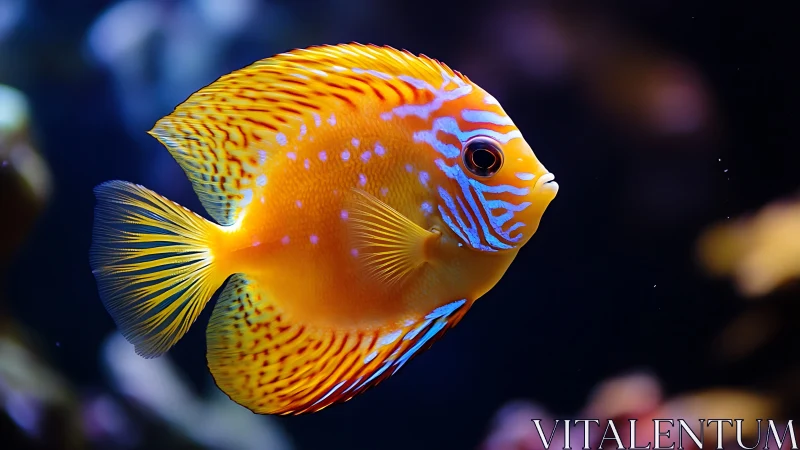 Luminescent tropical fish with cyan stripes in deep water.