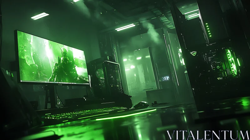 Neon-lit ultra-wide gaming workstation in fog-filled lab.