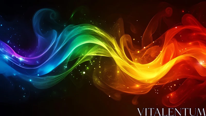 Curved multicolor light waves on dark abstract background.