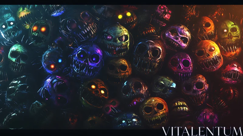 Colorful haunted skull wall glowing with surreal neon grins.