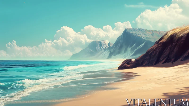 Gentle turquoise waves along a sunlit mountain shore.