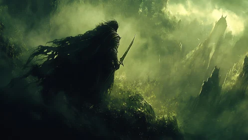 Shadowed wraith warrior surveys luminous toxic valley.