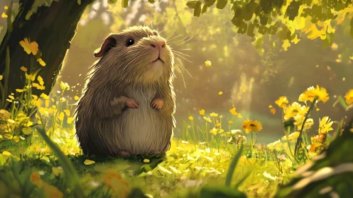 Guinea pig illuminated by volumetric forest sunlight field.