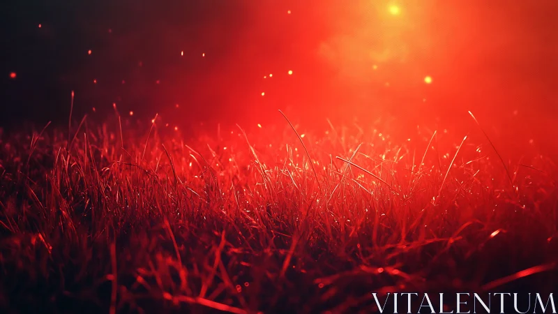 Red luminescent field with bokeh light particles and atmospheric haze