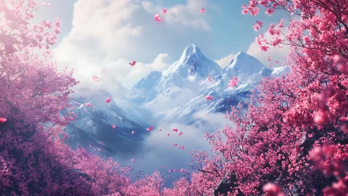 Snowy mountain peaks framed by dense pink blossoms.