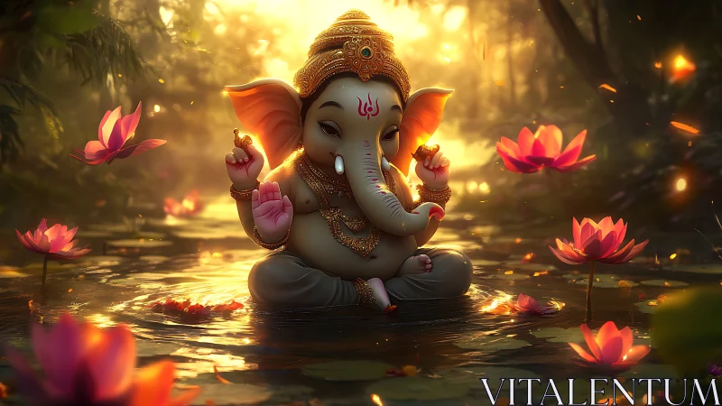 Baby Ganesha idol in glowing lotus pond at sunset.