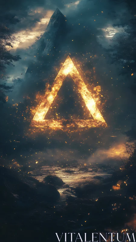 Luminous Triangle Portal Surrounded by Mystical Mountain Landscape.