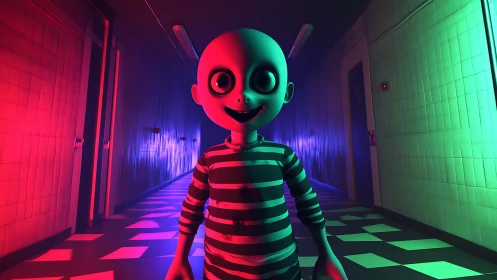 Big-eyed corridor sprite in neon-lit uncanny hallway.